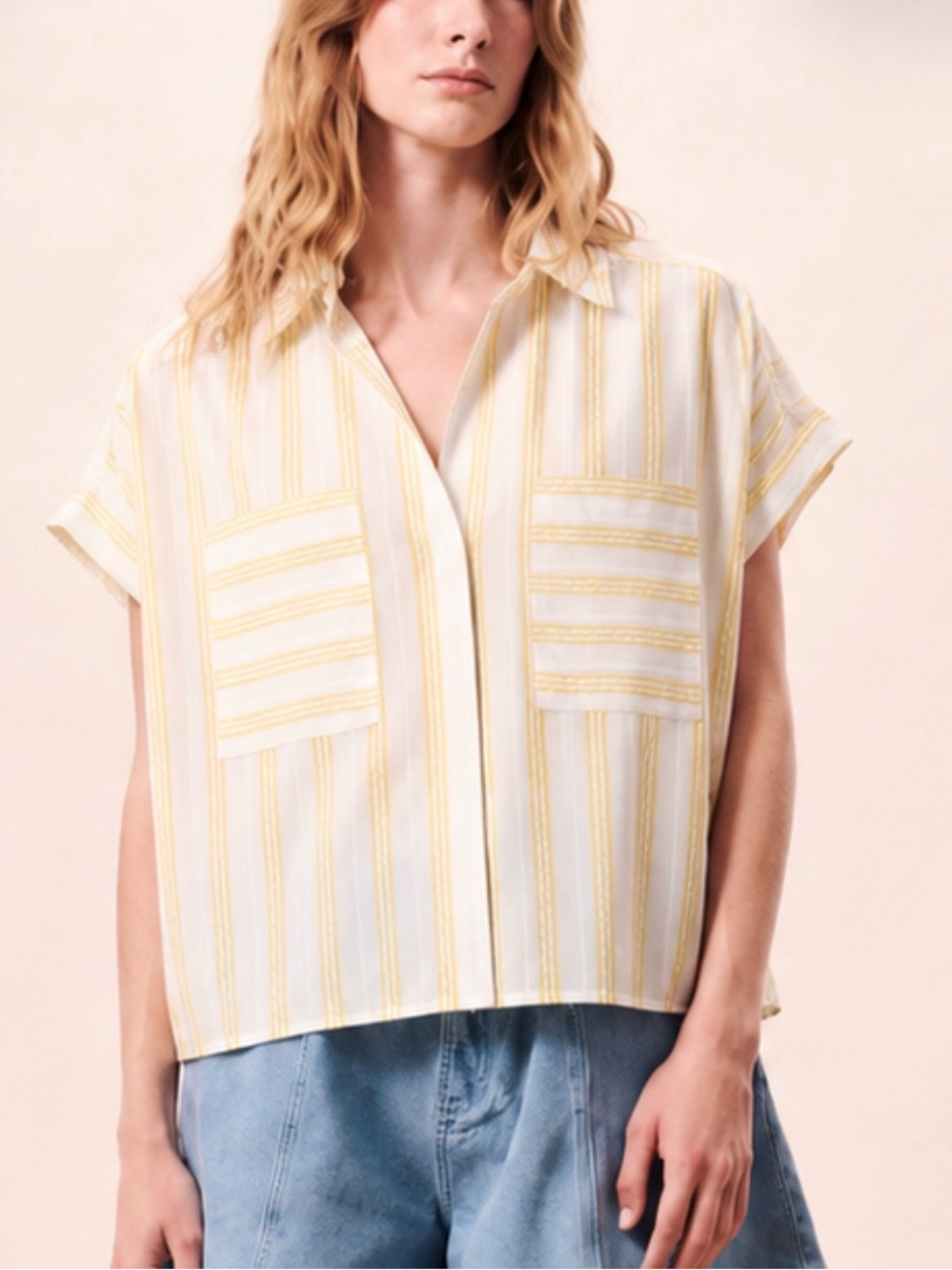 FRNCH Paris Yellow & White Striped Boxy Button Front Blouse Top Size M